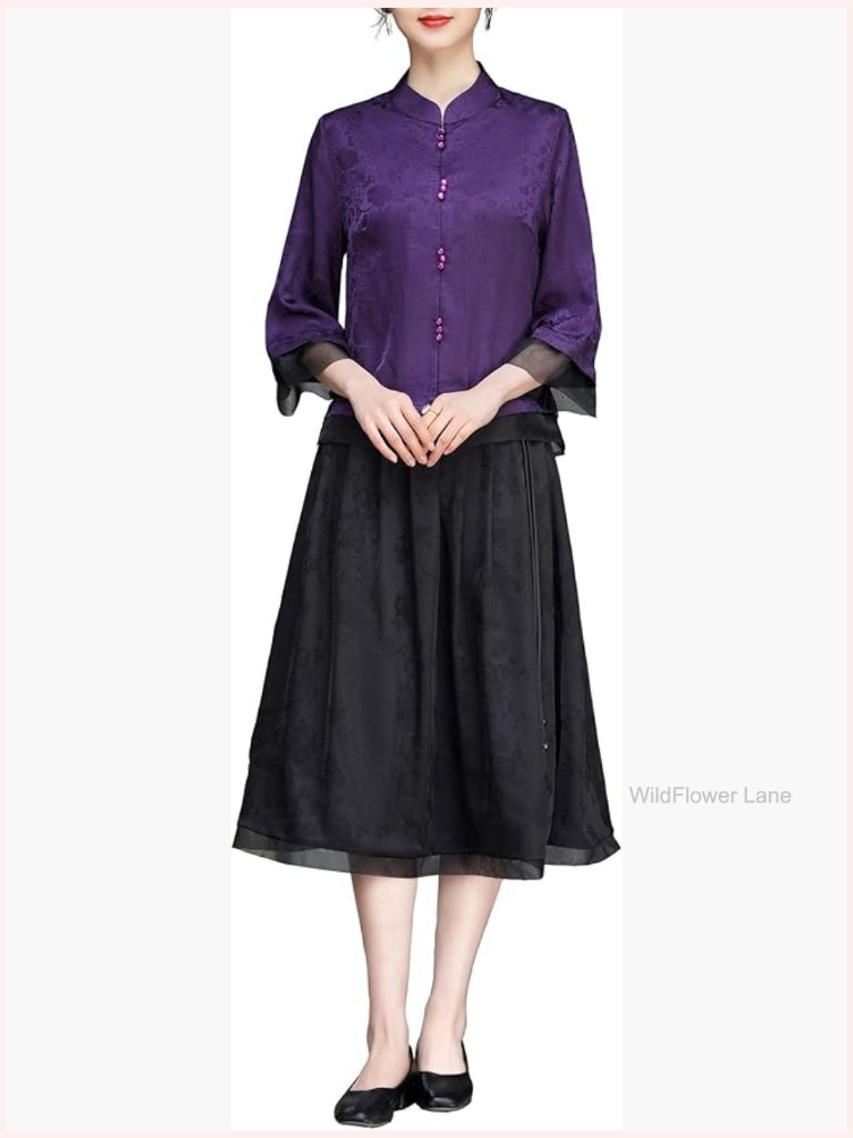 Elegant Floral Jacquard Blouse With Sheer Mesh Trim Mandarin Neck 3/4 Sleeve